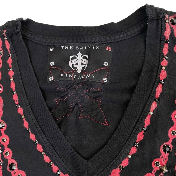 The Saints Sinphony Men’s Shirt Crosses Stars Stripes Studded Graphic Large - Picture 7 of 14